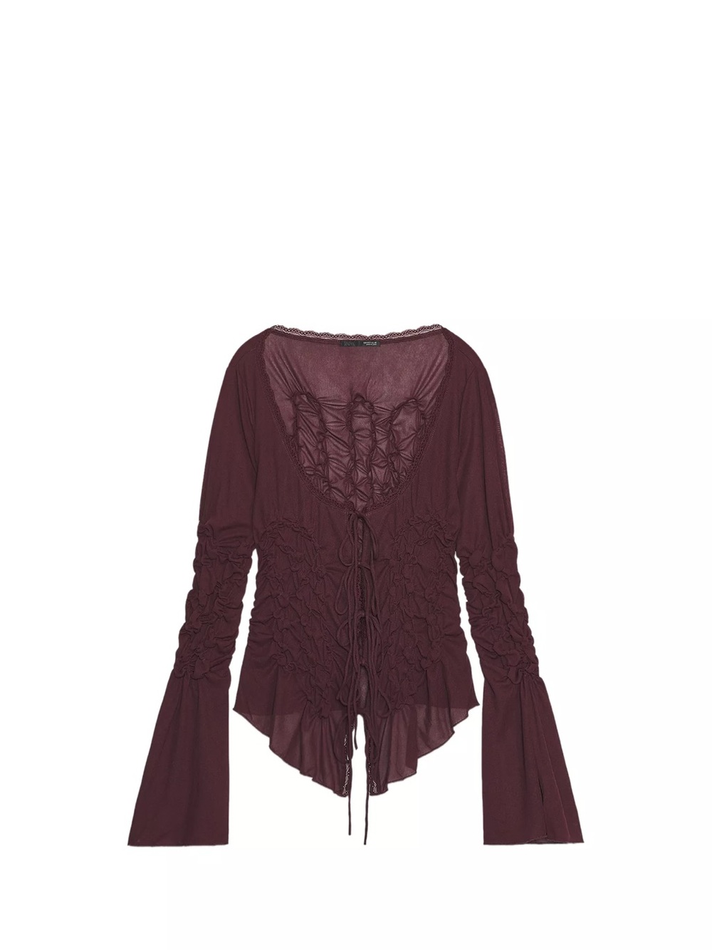 Zara Ruched Lace-Up Long Sleeve Top - Burgundy